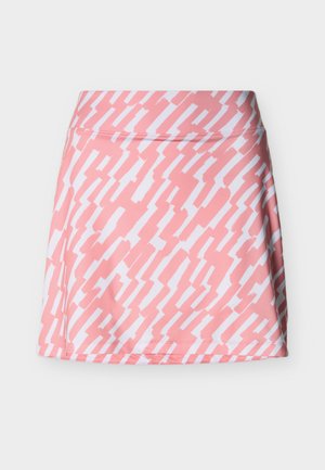 Rosa-weiß kurzer Rock mit abstraktem geometrischem Muster, geradem Saum und tailliertem Bund.