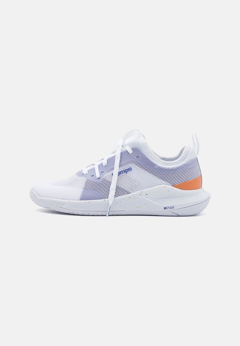 White athletic shoe with a mesh upper featuring purple and orange accents, textured sole, and a lace-up closure. Lightweight design.