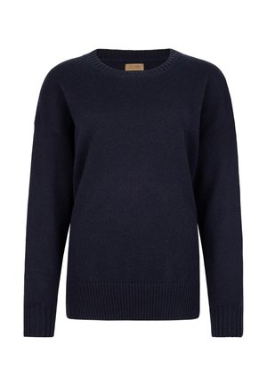 Mørkeblå strikket sweater med rund halsudskæring, lange ævler og ribbet kant. Lavet af blødt stof, med en afslappet pasform.