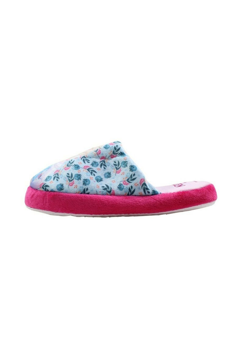 Blauwe pantoffel met bloemenpatroon en een roze pluche zool, met een breed bandontwerp en een zachte textuur voor comfort.