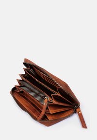 Brown leather wallet with a zip closure, multiple compartments, and striped lining. Features a detachable wrist strap. Textured surface.
