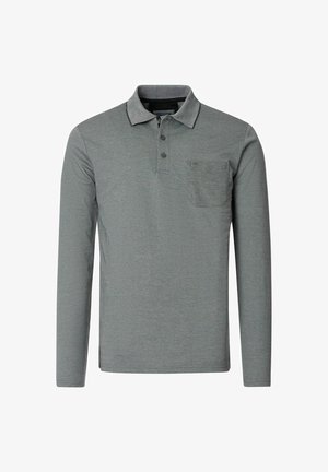 Langarm-Poloshirt aus meliertem grauem Stoff, mit einem Kragen mit kontrastierendem Besatz, einer Knopfleiste mit drei Knöpfen und einer Brusttasche.
