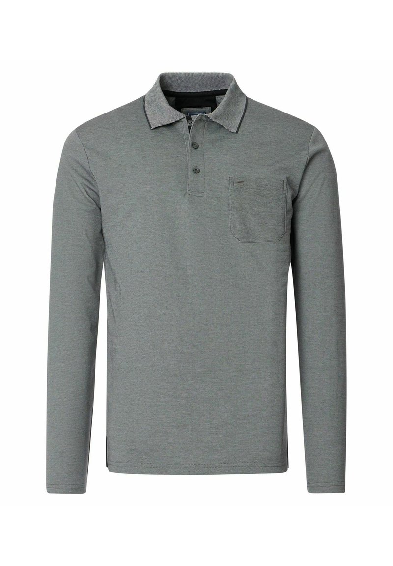 Langarm-Poloshirt aus meliertem grauem Stoff, mit einem Kragen mit kontrastierendem Besatz, einer Knopfleiste mit drei Knöpfen und einer Brusttasche.