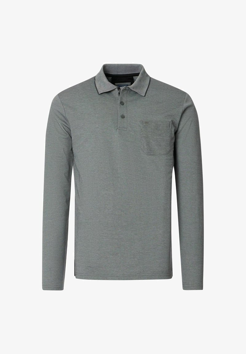 Langarm-Poloshirt aus meliertem grauem Stoff, mit einem Kragen mit kontrastierendem Besatz, einer Knopfleiste mit drei Knöpfen und einer Brusttasche.