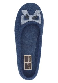 Blue felt slipper with a rounded shape, featuring a grey and black felt bow accent. Includes a label with brand name and logo.