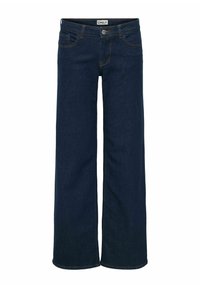 Jean large bleu foncé à taille haute, fabriqué en denim. Comprend des poches avant et une fermeture à bouton. Accents de surpiqûre basiques.