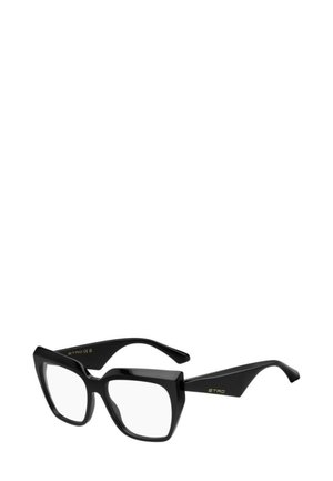 Occhiali da vista oversize neri con una spessa montatura rettangolare, finitura lucida e dettagli dorati vicino alle tempie. Lenti trasparenti.