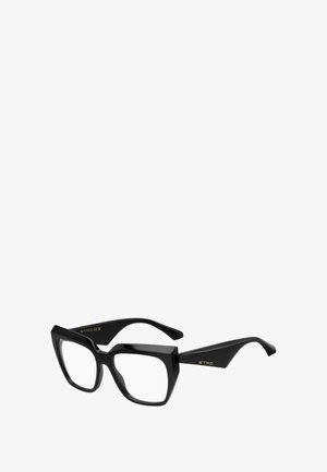 Lunettes surdimensionnées noires avec une monture rectangulaire épaisse, une finition brillante et un accent de marque doré près des branches. Verres transparents.