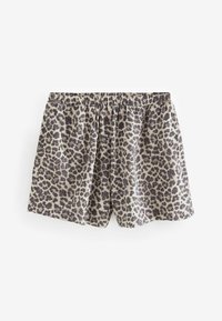 Leopardenmuster-Shorts aus leichtem Stoff. Mit einem elastischen Bund und lockerer Passform. Die Farben umfassen beige, braun und schwarze Muster.