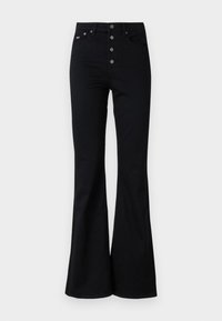 Sorte flared jeans laget av denim, med høy midje, fem-knapp frontlukking og små lomme detaljer foran.