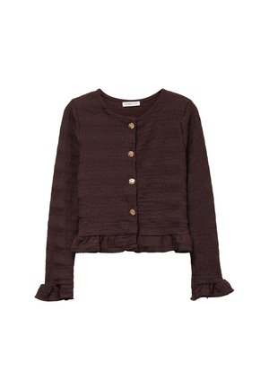 Cárdigan corto de manga larga color marrón oscuro con tejido texturizado, botones dorados en la parte delantera y puños y dobladillo con volantes.