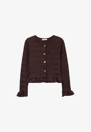 Cárdigan corto de manga larga color marrón oscuro con tejido texturizado, botones dorados en la parte delantera y puños y dobladillo con volantes.
