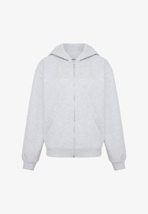 Felpa grigia chiara con zip realizzata in tessuto morbido, dotata di cappuccio con cordini, due tasche frontali e polsini e orlo a coste.