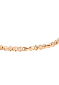 Bracciale in metallo tono oro caratterizzato da maglie floreali con design a taglio, alternate a connettori rettangolari, con una texture liscia in tutto il bracciale.