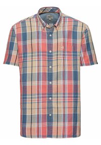 Kortärmige geblokte shirt in beige, rood en blauw; katoenen stof met knopen en een zak aan de linkerkant van de borst.