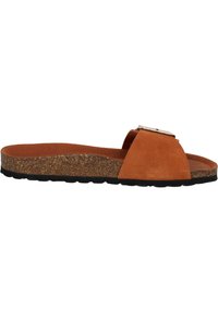 Chanclas de ante marrón con plantilla de corcho y suela de goma negra, que presentan una correa ancha y un detalle metálico en la parte superior.
