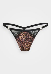 Tanga med leopardprint, der har gennemsigtig sort lace-detaljer, stropdesign med hardware i guldtoner og en blød stofstruktur.