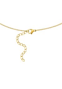 Goldene Kettenhalskette mit ovalen Gliedern, ausgestattet mit einem Karabinerverschluss und einem wellenförmigen Kettenteil. Glatte Textur und glänzende Oberfläche.