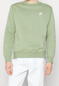 Sudadera verde claro con cuello redondo, mangas largas y puños acanalados. Presenta pequeño logo blanco de Nike en el pecho. Textura de tela suave.