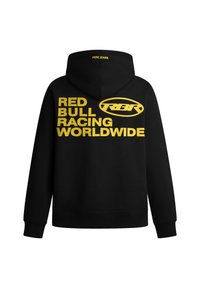 Sudadera negra de algodón, con texto en amarillo negrita: "RED BULL RACING WORLDWIDE" y logo, con un bolsillo tipo canguro y capucha ajustable.