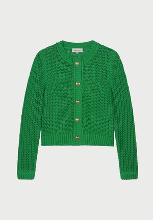 Groene gebreide cardigan met lange mouwen en vijf gouden hartvormige knopen aan de voorkant.