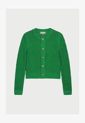 Groene gebreide cardigan met lange mouwen en vijf gouden hartvormige knopen aan de voorkant.