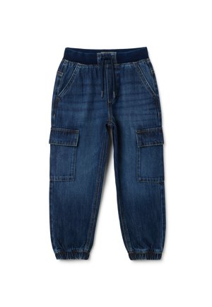 Donkerblauwe denim cargobroek met een elastische tailleband, koordje, twee zijzakken en twee zakken op de benen met elastische boorden.