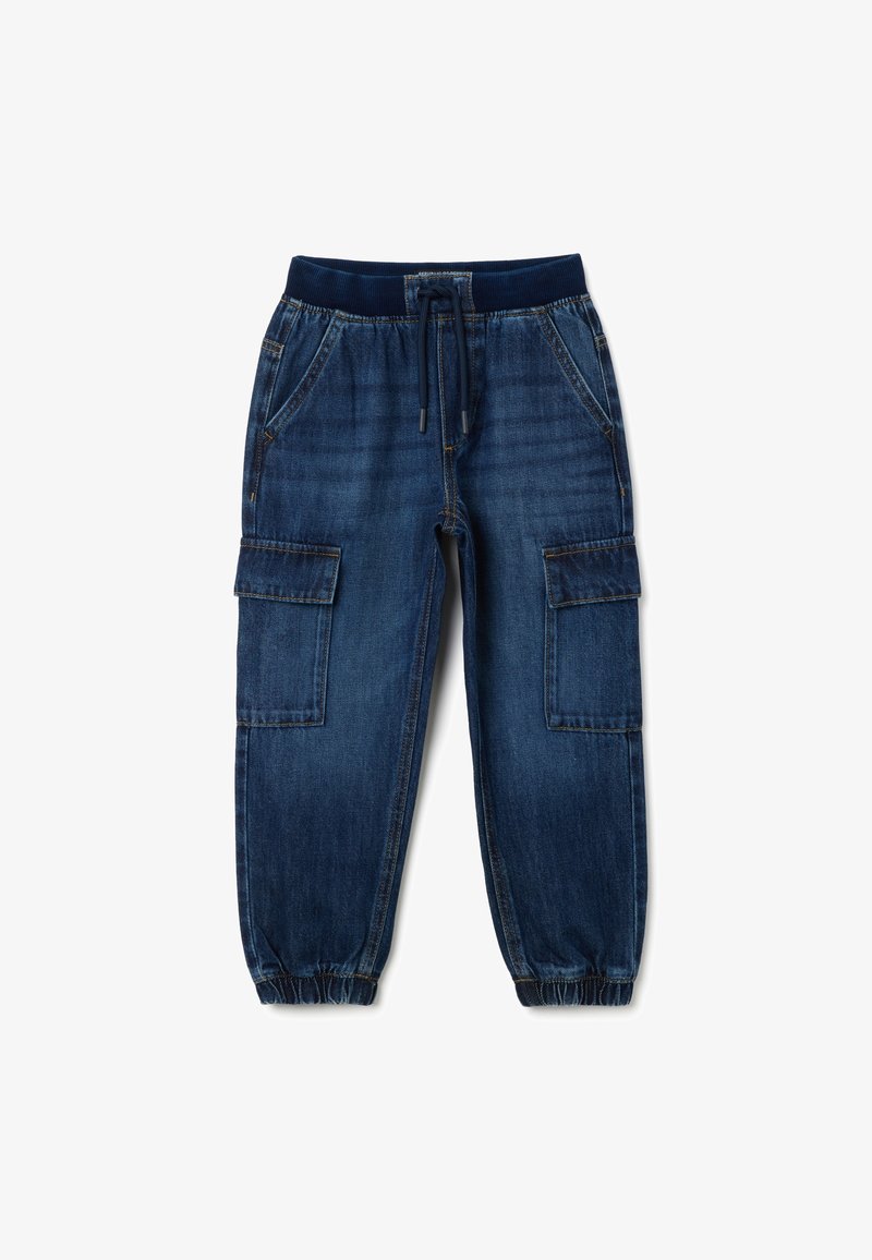 Donkerblauwe denim cargobroek met een elastische tailleband, koordje, twee zijzakken en twee zakken op de benen met elastische boorden.