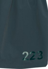 Mörkt teal sportshorts med slät textur, prydda med ett stort tryckt "223" i två nyanser av grönt på nedersta vänstra sidan.