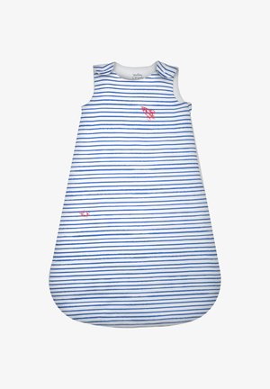 Sleeveless baby sleeping bag with blue horizontal stripes and small red rocket ship patterns on white background.