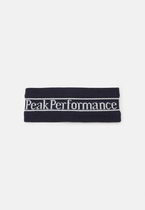 Granatowa dziana opaska na głowę z białym logo "Peak Performance", prostokątny kształt, elastyczna struktura i gładkie wykończenie.