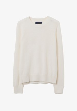 Helle cremefarbene Strickjacke mit Rundhalsausschnitt, langen Ärmeln, gerippten Bündchen und Saum. Verfügt über ein Etikett mit dem Markennamen "PIOMBO".