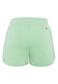 Světlé zelené fleecové kraťasy s elastickým pasem a malou černou značkovou nášivkou na pravé straně, vystavené na bílém pozadí.
