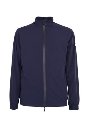 Veste bleu marine à manches longues avec col haut et fermeture éclair noire à l'avant, poignets élastiques et tissu léger.