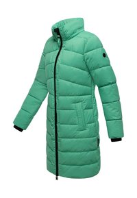 Green padded coat with a high collar, black zipper, two side pockets, and black accents at sleeve cuffs. Textured, lightweight material.