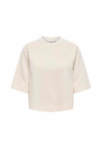 Cremefarbener, kurz geschnittener Sweatshirt mit kurzen Ärmeln und Rundhalsausschnitt, auf einem weißen Hintergrund präsentiert.