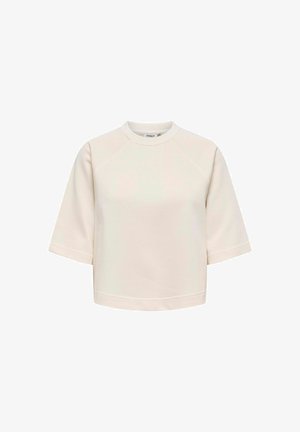 Cremefarvet cropped sweatshirt med korte ærmer og rund halsudskæring, præsenteret på en hvid baggrund.