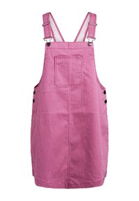 Vestido de tirantes a rayas rosas y blancas con tirantes ajustables, bolsillo frontal y botones laterales. Fabricado con tejido duradero de textura suave.