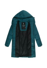 Teal insulated coat with a hood, featuring a zippered front, button closures, and a smooth black inner lining with patterned texture.