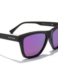 Black sunglasses with a rectangular frame, purple lenses, and the brand name "HAWKERS" displayed on the temple in white text.