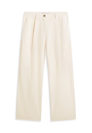 Kreemikarva laia säärega püksid vööaasade, küljetaskute ja ees nööpidega sulgumisega.