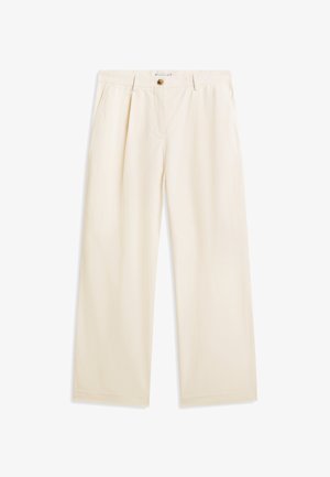 Cream-colored wide-leg trousers with belt loops, side pockets, and a front button closure.