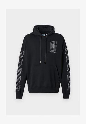 Sweat à capuche noir avec poche avant, capuche à cordon, logo "Off-White" blanc sur la poitrine et contours de bandes diagonales blanches sur les deux manches.