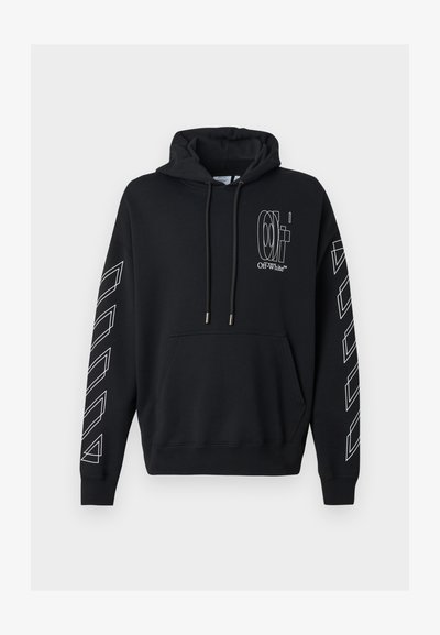 Melnas krāsas sporta džemperis ar kapuci, priekšējo kabatu, regulējamu auklu kapucē, baltu "Off-White" logotipu uz krūtīm un baltām diagonālām svītru kontūrām uz abām piedurknēm.