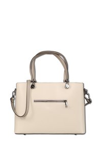 Beige leren handtas met dubbele handvatten, verstelbare schouderriem en een voorvak met rits. Gladde textuur en minimalistisch ontwerp.