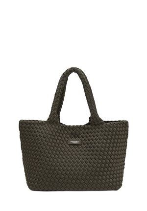 Sac fourre-tout tissé noir avec deux anses et une forme rectangulaire, avec une petite étiquette inscrite "DIANA&CO FIRENZE" sur le devant.
