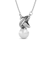 Silberne Halskette mit einem gedrehten Design, besetzt mit klaren Steinen, die an einem Ende eine glatte weiße Perle für den Kontrast trägt.