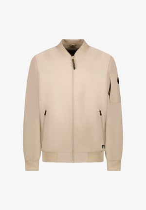 Beige bomberjack met ritssluiting aan de voorkant, zijzakken en een klepzak op de mouw. Gladde stof met geribbelde manchetten en zoom.