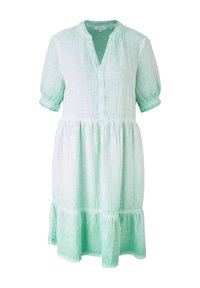 Robe vert menthe semi-transparente avec une patte de boutonnage, des manches courtes bouffantes et un ourlet à volants. Confectionnée dans un tissu léger et texturé.