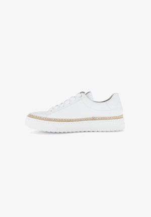 White sneakers with a textured rubber sole. Features a braided jute accent along the midsole, round toe, and lace-up design. Smooth leather upper.